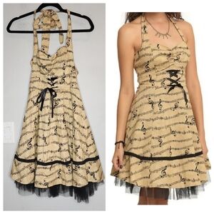 Hot Topic Music Note Treble Clef tan black halter dress small pinup rockabilly